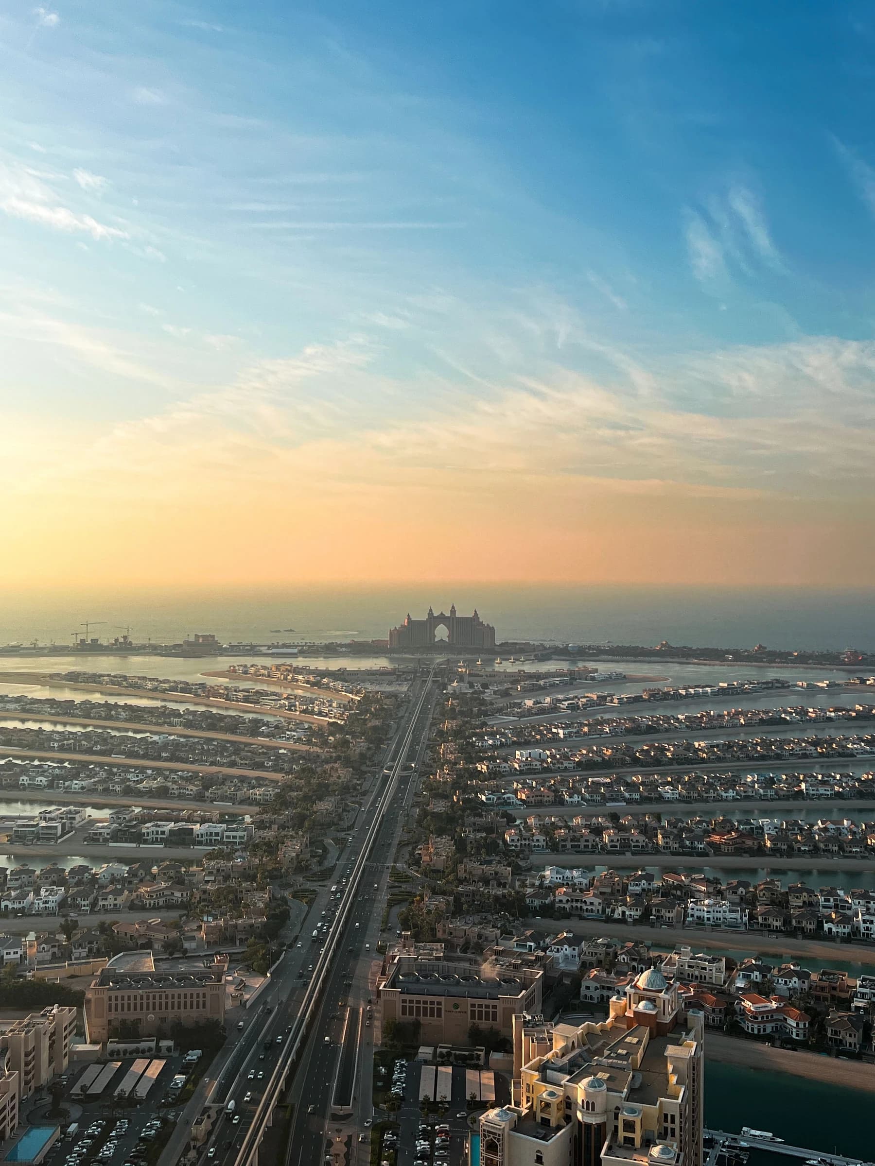 Warm light over villas and sea at Palm Jumeirah